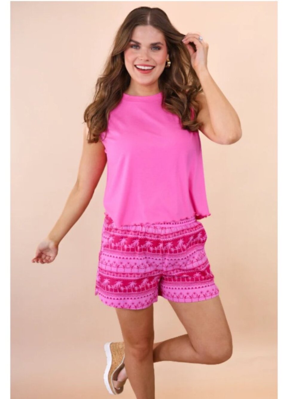 Jess Lea Tropical Casual Outing Shorts, Pink Palm Tree